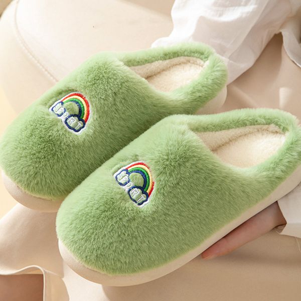 

slippers rainbow embroidery women home couple thick bottom plush cotton slippers autumn and winter thickenedned warm cotton slippers 230826, Black