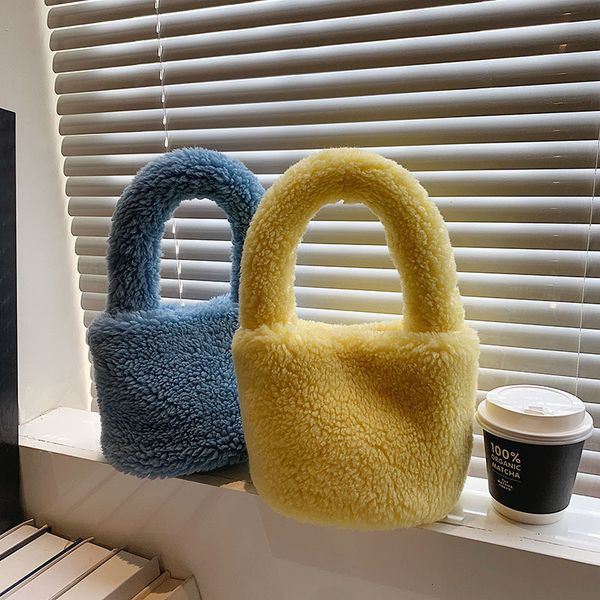 

evening bags winter fashion faux fur tote bag soft warm lambswool handbag trending designer small bucket bag high-quality women plush purses