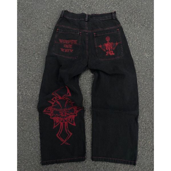 

men's jeans y2k jeans for men hip hop vintage skull embroidery baggy jeans straight casual loose wide leg trousers streetwear man pants, Blue