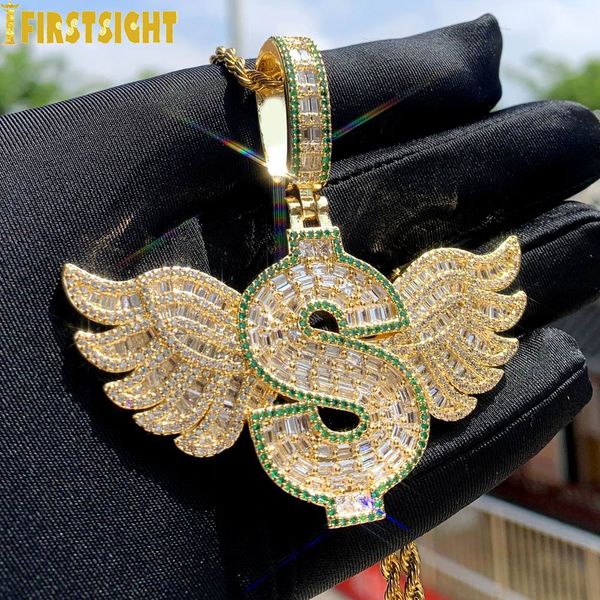 

pendant necklaces iced out bling wing pendant necklace gold plated cz cubic zirconia letter dollar symbol money charm men women hip hop jewe, Silver