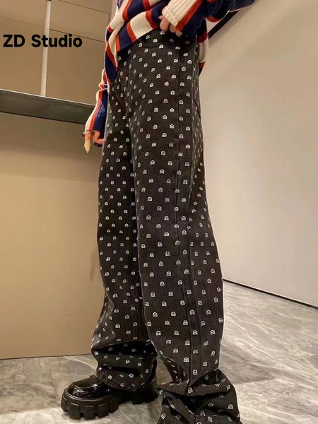 

women's jeans zd studio 2023 springsummer crystal letter heavy industry diamond straight barrel mid waist long pants denim floor 230826, Blue