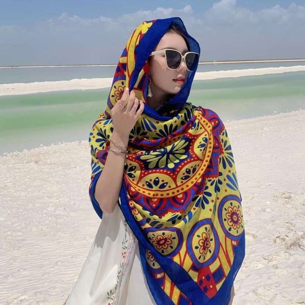 

national style blue and wrap yellow geometric stitching printed cotton scarf thin travel sunblock beach towel with, Blue;gray