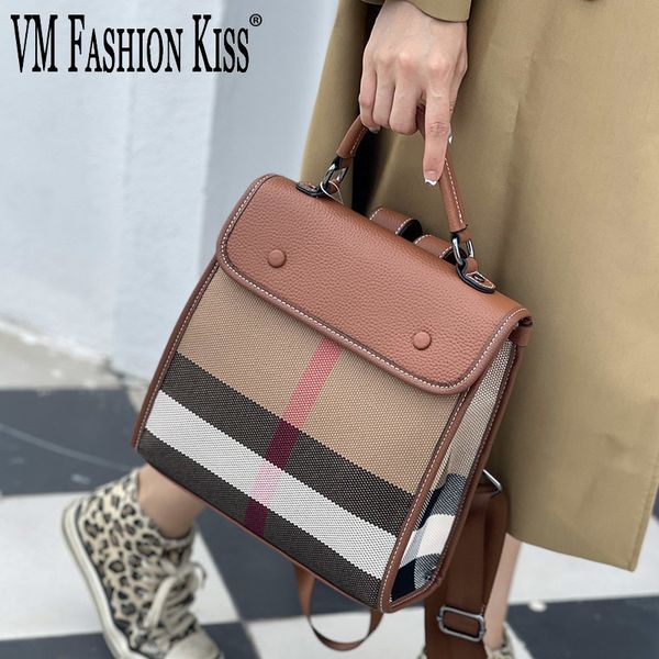 

school bags vm fashion kiss classic striped canvas cowhide college style backpack japanese youth trend schoolbag bookbag backbag 230826