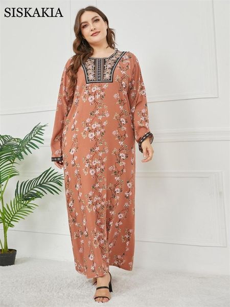 

jeans siskakia elegant plus size maxi dresses for women summer 2021 viscose cotton long sleeve floral ethnic casual arabic clothes new, Blue