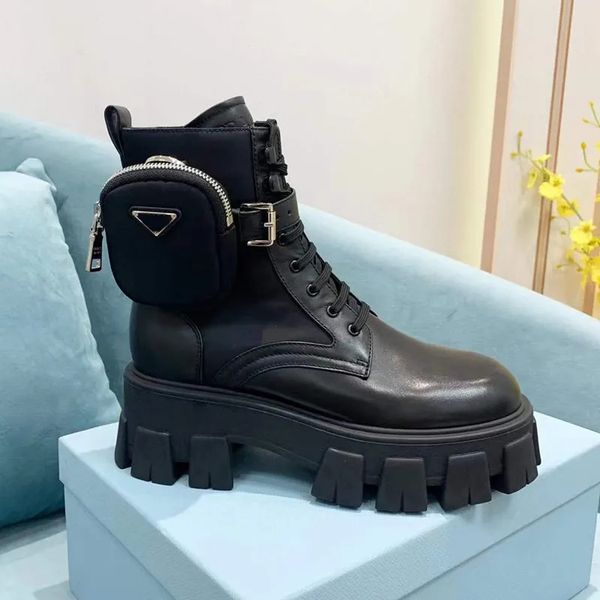 

latest nude apricot calf leather nylon pouch ankle combat boots platform wedges lace-up round toe block heels flat booties chunky luxury des, Black
