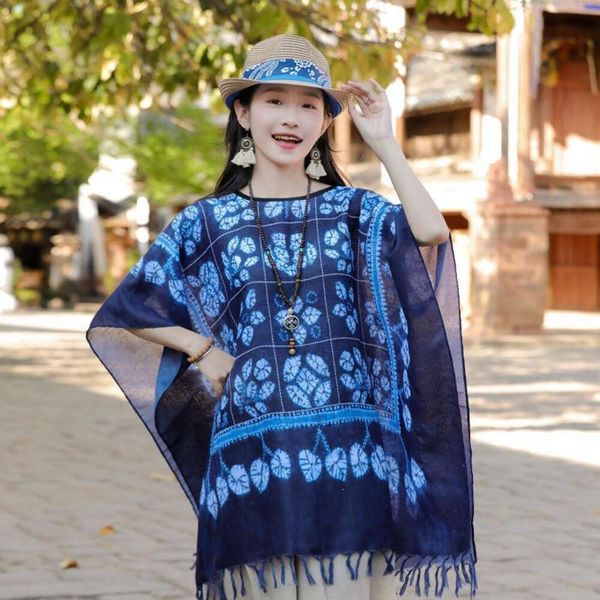 

spring and summer imitted wraps dyeing print national style scarf womens multi function yunnan sunscreen shawl, Blue;gray
