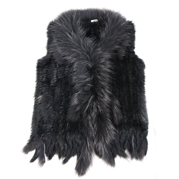 

womens fur faux retailwholesale raccoon dog collar trim women knitted natural rabbit vest giletwaistcoat 230828, Black