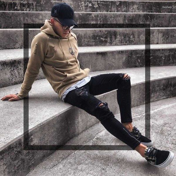 

men's jeans mens black hole elastic zipper pants trend denim pencil men fashion clothing boyfriend, Blue