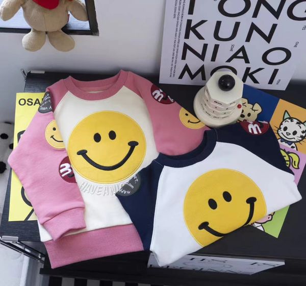 

kids letter smiling face embroidery sweatshirt girls boys patchwork color long sleeve pullover 2023 fall children casual z3695, Black