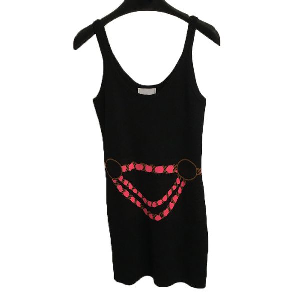 

womens sling dresses knit wool dress creative chain embroidery ladies dresses elastic charm sleeveless skirts, Black