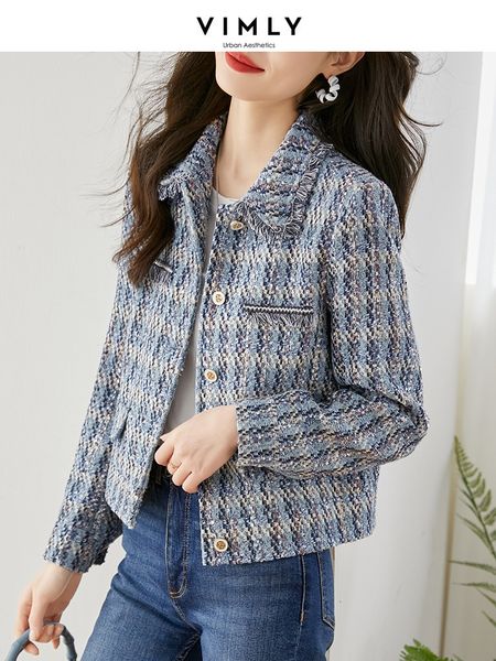 

women's wool blends vimly short tweed jackets for women vintage elegant plaid tassel lapel long sleeve wool blend coats women's ou, Black