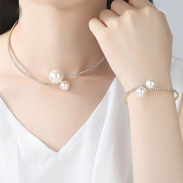

popular single row silver plated collar bracelet set pearl collar selling, White