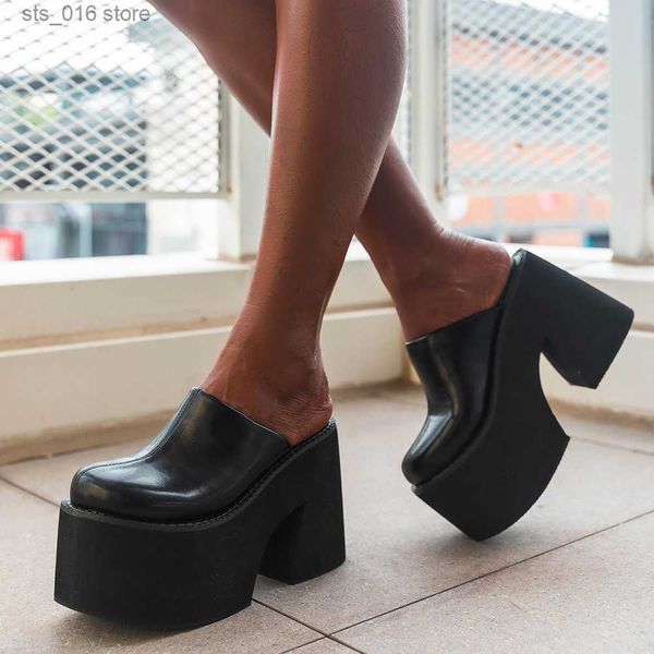 

dress shoes women platform slip on high heels mules shoes punk gothic chunky heeled summer slides buckle summer shoes ladies big size 43 t23, Black