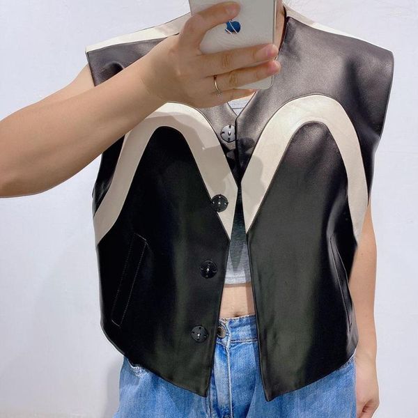 

women's leather autumn v-neck sleeveless genuine vest women fashion crop ladies, Black
