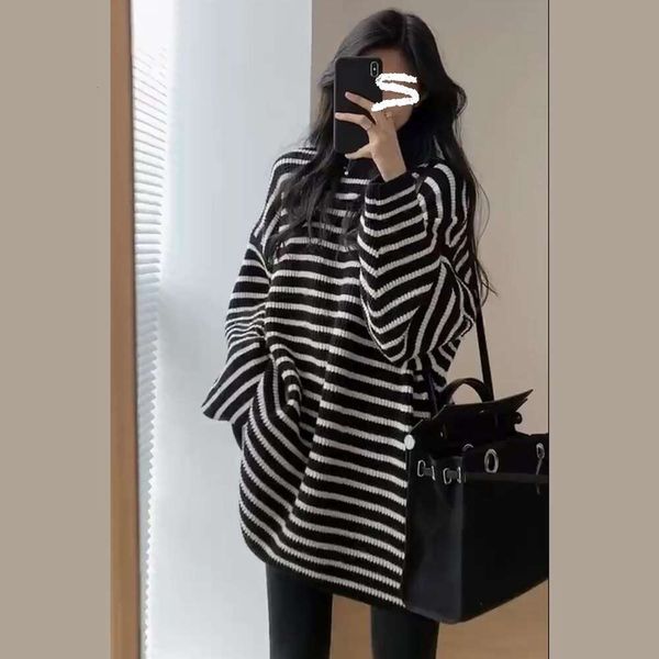 

korean style loose versatile sweater lazy soft long black and white striped womens base shirt top, White;black