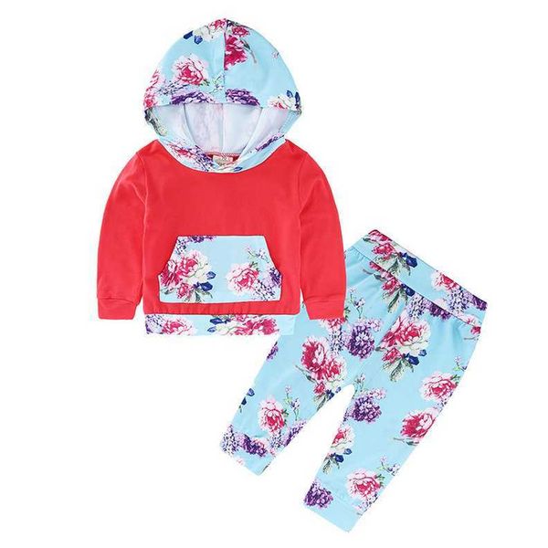 

boy baby infant newborn girl clothes set floral hooded sweatshirt and long pants outfits 2 pieces set kids clothing, White