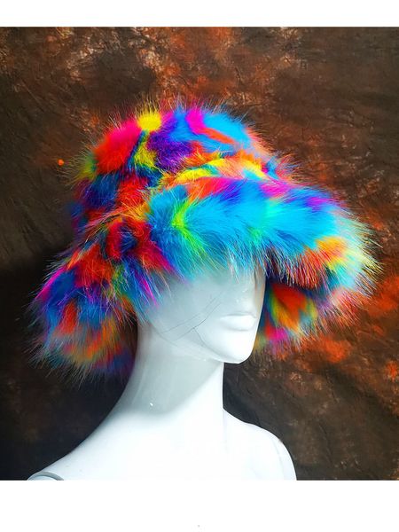 

wide brim hats bucket hats zadorin autumn winter fluffy warm rainbow faux fur bucket hat women fashion casual outdoor y2k fisherman hat fest, Blue;gray
