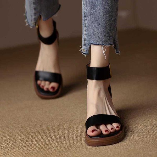 

brand leather sandals block mid heels women roma sandals open toe retro buckle sandals ankle strap trend 230807, Black