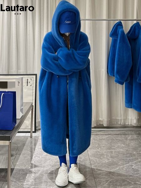 

womens fur faux lautaro winter long oversized warm thick blue white fluffy coat women with hood loose casual korean style fashion 230828, Black