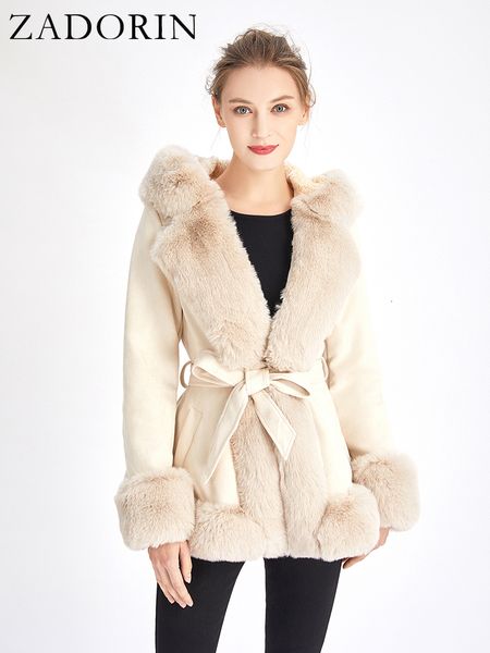 

womens fur faux zadorin winter coat women furry hood suede black with belt thick warm cardigan jackets for 230828