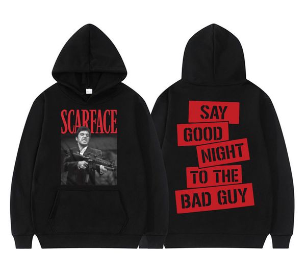 

men's hoodies sweatshirts tony montana say goodnight to the bad guy slogan hoodie men classic vintage hip hop rock punk gothic sweatshi, Black