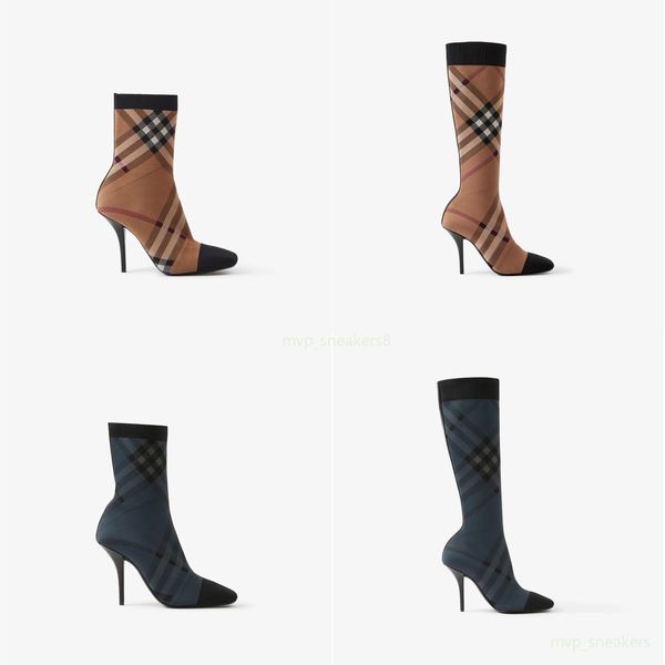 

knitted check sock boots designer women boots stretch knee high boots slim high heel boots luxury boots square-toe exaggerated check burbe c, Black