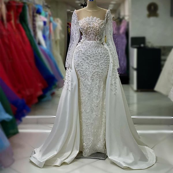 

2023 arabic aso ebi white mermaid wedding dress beaded crystals pearls stunning bridal gowns dresses zj506