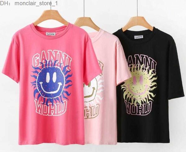 

designer t shirt summer short sleeve sun smile print ganni women tshirt tee nhlf, White