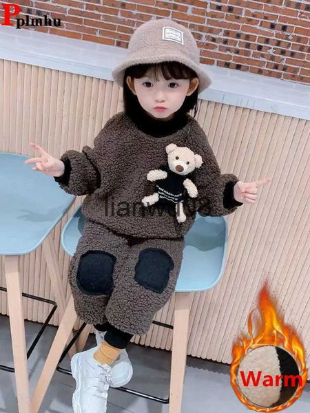 

clothing sets oneck velvet lined children conjunto fleece winter new bear boysgirls suit warm kids thicken jogger pants 2 piece sets x0828, White