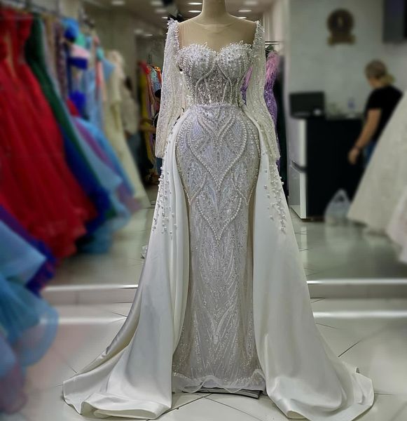 

2023 arabic aso ebi ivory mermaid wedding dress crystals pearls sequined lace bridal gowns dresses zj043, White