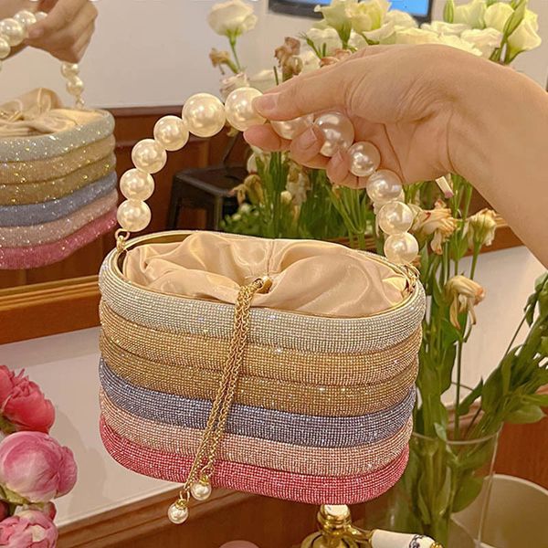 

evening bags crystal metal evening clutch bags women boutique pearl handle shiny color blocking purse and handbags bridal wedding 230826