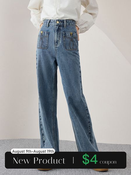 

womens jeans ziqiao 100% cotton retro straight mopping for women autumn highwaisted thin hipcovering long trousers female 230826, Blue