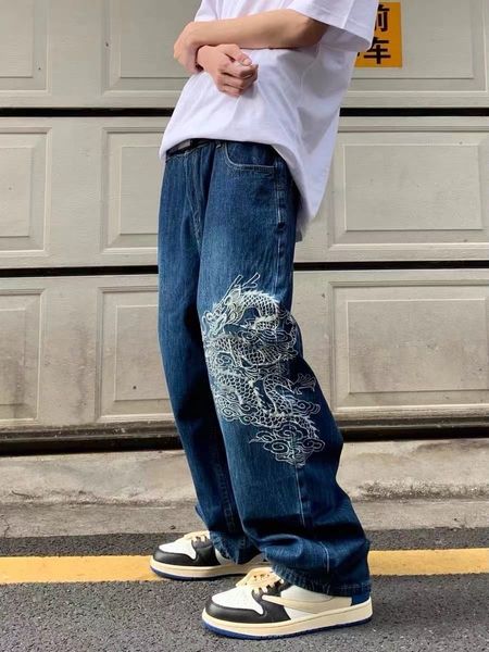 

womens jeans american vintage high street blue embroidered dragon pattern women y2k harajuku style hip hop highwaisted 230826