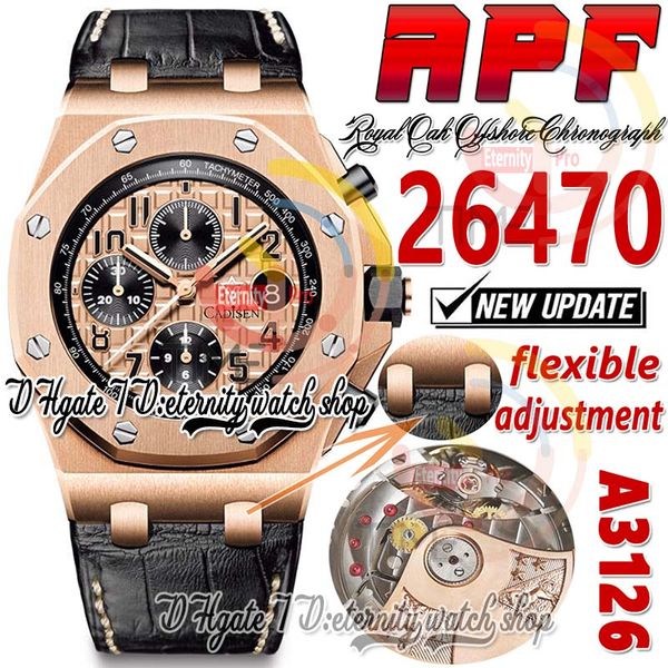 

apf 42mm 2647 a3126 automatic chronograph mens watch rose gold champagne textured dial black subdial super edition eternity watches strap ex, Slivery;brown
