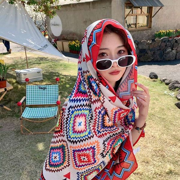 

thin cotton scarf bohemian ethnic style travel sunblock beach with decorative shawl, Blue;gray