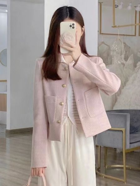 

womens wool blends autumn winter fashion sweet pink small fragrance tweed coat women brand luxury woolen jacket casaco female runway outwear, Black