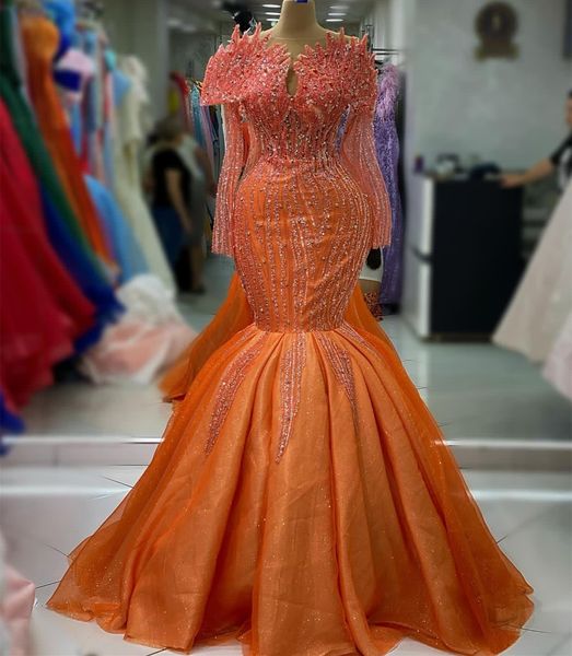 

2023 august aso ebi orange mermaid prom dress beaded crystals evening formal party second reception birthday engagement gowns dresses robe d, Black