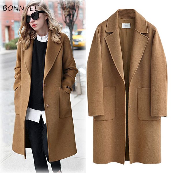 

women's wool blends wool women loose elegant single breasted woolen coat womens korean casual coats winter fashion street wear leisure, Black