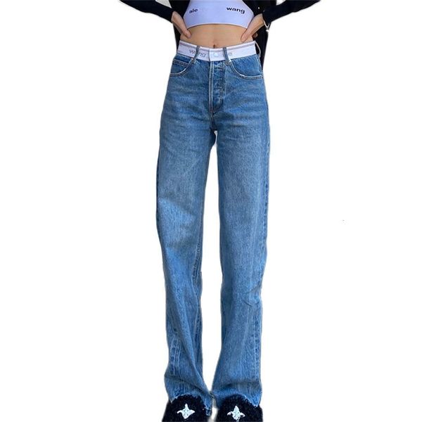 

womens jeans fashion korean version blue womengirl high waist letter webbing splicing straight type cowboy pants 230826