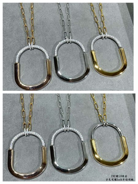 

titanium steel pendant necklace lock brand designer half crystal half locket round charm short chain choker for women with box party gift je, Silver