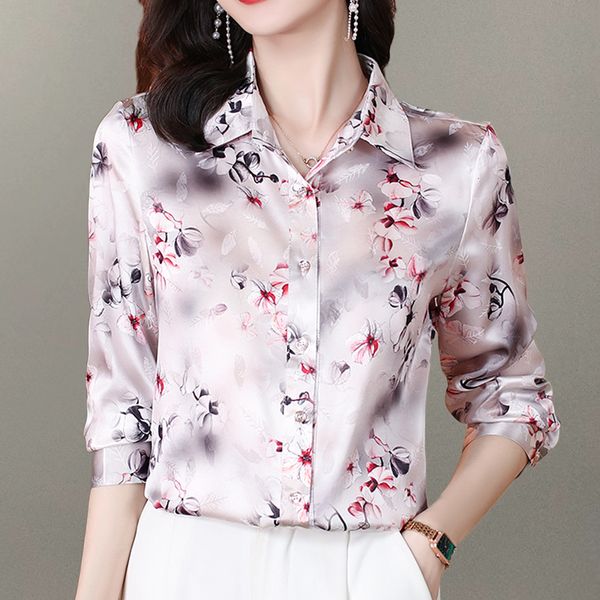 

women's blouses shirts fashion flower print ladies long sleeve casual satin vintage silk blusas mujer de moda 2023 230828, White