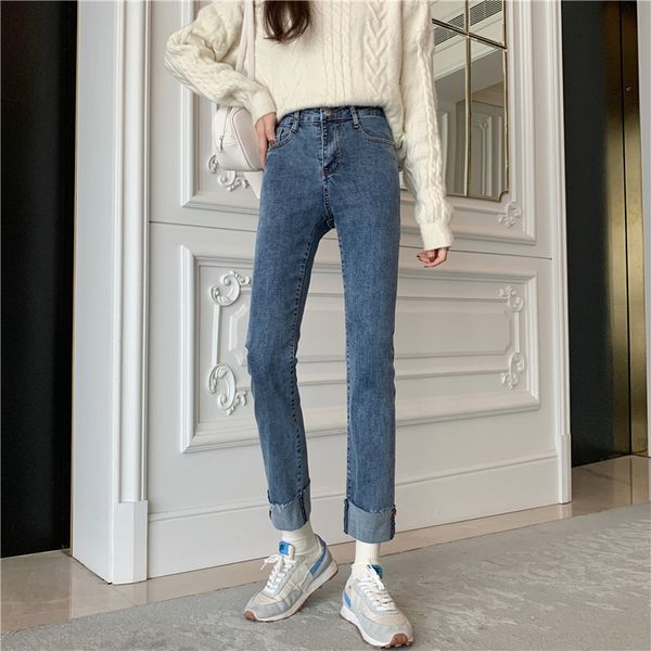 

women's jeans n5554 fashion straight jean's high waist slim all match wide leg pants jeans 230826, Blue