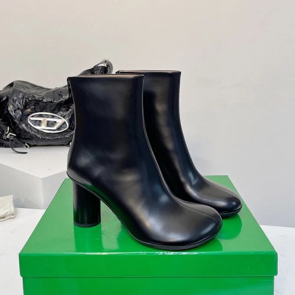 

new patent leather ankle boot chunky heels round toe cap a back zip fashion booties anti slip teeth sole women's luxury designer dress, Black