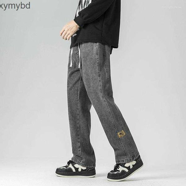 

men's jeans men baggy wide leg retro fashion high street straight denim pants brand clothing male drawstring elastic waist black blue