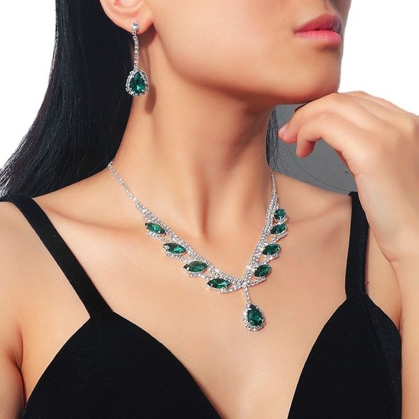

selling bride necklace set high-end versatile crystal colored collarbone chain earrings two piece set, White