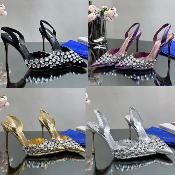 

aquazzura high heel sandals crystal decorated women genuine leather hollow mesh back empty dress shoes casual satin bread toe tip toe design, Black