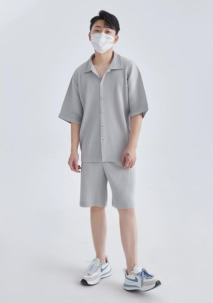 

miyake lapel shirt pleated short sleeve t shirt for men plain shirt button up shirt summer clothes for men black casual top, White;black