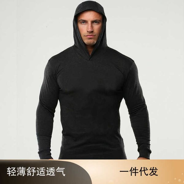 

mens fitness long sleeve cotton european light solid color hooded sweater, Black
