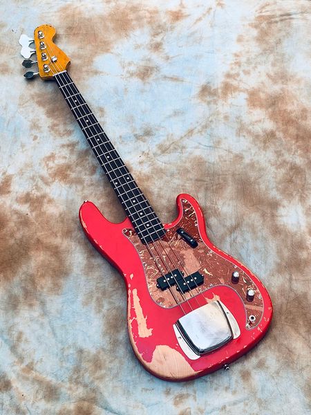 

custom electric bass guitar, 4 string, aged relic candy apple jazz, red, price