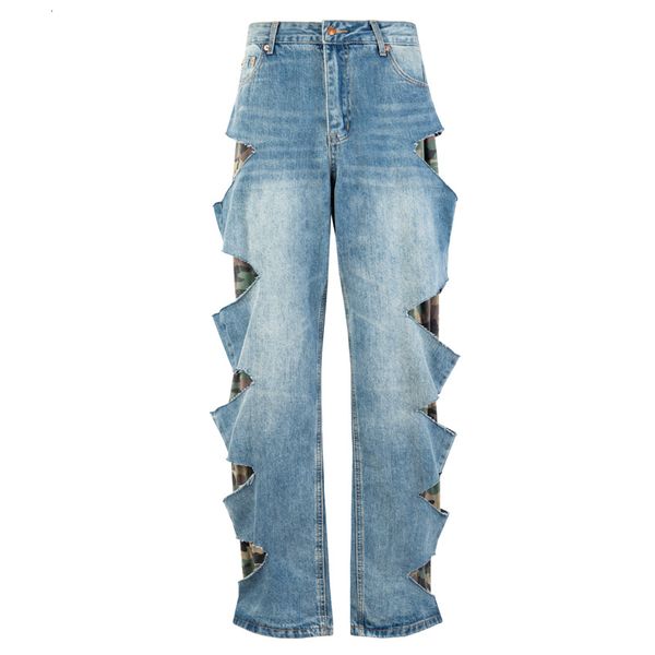 

mens jeans camouflage hole fake two pieces straight loose wideleg denim pants street hip hop cowboy for men 230828, Blue